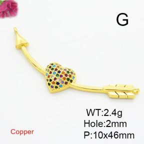 Brass Cubic Zirconia Links Connectors,Arrow and Heart,Gold,10x46mm,Hole:2mm,about 2.4g/pc,5 pcs/package,XFL01826baka-L017
