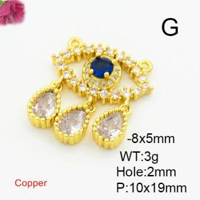Brass Cubic Zirconia Links Connectors,Devil's Eye,with Water Droplets,Gold,10x19mm,Hole:2mm,about 3g/pc,5 pcs/package,XFL01831vbmb-L017