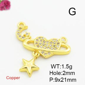 Brass Cubic Zirconia Links Connectors,Heart-Shaped Moon and Star,Gold,9x21mm,Hole:2mm,about 1.5g/pc,5 pcs/package,XFL01845aajl-L017
