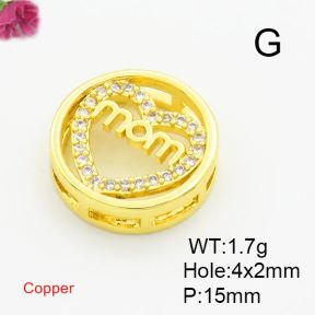 Brass Cubic Zirconia Links Connectors,for Mother's Day,Round,Hollow Heart,with Mom,Gold,15mm,Hole:4x2mm,about 1.7g/pc,5 pcs/package,XFL01852baka-L017