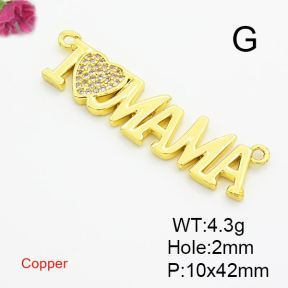 Brass Cubic Zirconia Links Connectors,for Mother's Day,Word I Love MaMa,Gold,10x42mm,Hole:2mm,about 4.3g/pc,5 pcs/package,XFL01856ablb-L017