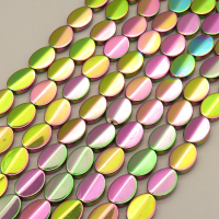 Non-magnetic Synthetic Hematite Beads Strands,Medium Convex Oval,Plating,Flower Green,10x13x3.5mm,Hole:1.2mm,about 30 pcs/strand,about 47 g/strand,5 strands/package,14.96"(38mm),XBGB08958vbnb-L020