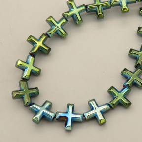 Non-magnetic Synthetic Hematite Beads Strands,Faceted,Chamfered, Cross,Plating,Dark Green,8x8x3mm,Hole:1mm,about 48 pcs/strand,about 17 g/strand,5 strands/package,14.96"(38mm),XBGB08972bbov-L020