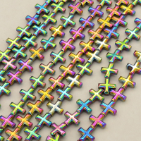 Non-magnetic Synthetic Hematite Beads Strands,Faceted,Chamfered, Cross,Plating,iridescent,8x8x3mm,Hole:1mm,about 48 pcs/strand,about 17 g/strand,5 strands/package,14.96"(38mm),XBGB08974bbov-L020