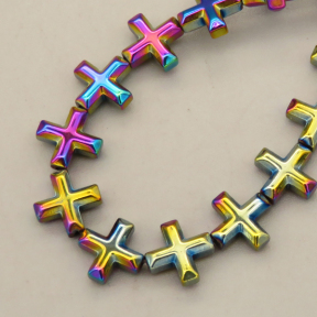 Non-magnetic Synthetic Hematite Beads Strands,Faceted,Chamfered, Cross,Plating,iridescent,8x8x3mm,Hole:1mm,about 48 pcs/strand,about 17 g/strand,5 strands/package,14.96"(38mm),XBGB08974bbov-L020