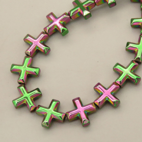 Non-magnetic Synthetic Hematite Beads Strands,Faceted,Chamfered, Cross,Plating,Flower Green,8x8x3mm,Hole:1mm,about 48 pcs/strand,about 17 g/strand,5 strands/package,14.96"(38mm),XBGB08976bbov-L020