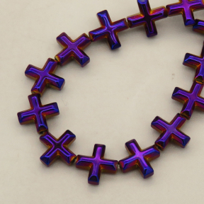 Non-magnetic Synthetic Hematite Beads Strands,Faceted,Chamfered, Cross,Plating,Purple,8x8x3mm,Hole:1mm,about 48 pcs/strand,about 17 g/strand,5 strands/package,14.96"(38mm),XBGB08978bbov-L020