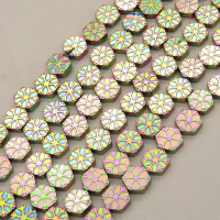 Non-magnetic Synthetic Hematite Beads Strands,Snowflake Hexagon,Plating,Flower Green,8x8x3mm,Hole:1mm,about 48 pcs/strand,about 29 g/strand,5 strands/package,14.96"(38mm),XBGB08988vhkb-L020