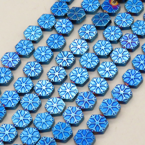 Non-magnetic Synthetic Hematite Beads Strands,Snowflake Hexagon,Plating,Royal Blue,8x8x3mm,Hole:1mm,about 48 pcs/strand,about 29 g/strand,5 strands/package,14.96"(38mm),XBGB08990vhkb-L020