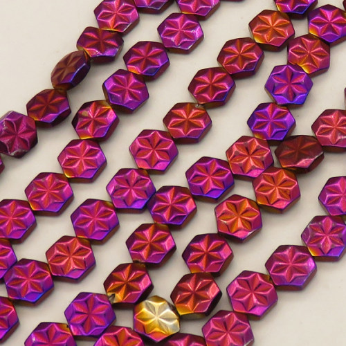 Non-magnetic Synthetic Hematite Beads Strands,Flower Hexagon,Plating,Purple,8x8x3mm,Hole:1mm,about 48 pcs/strand,about 28 g/strand,5 strands/package,14.96"(38mm),XBGB08992vhkb-L020