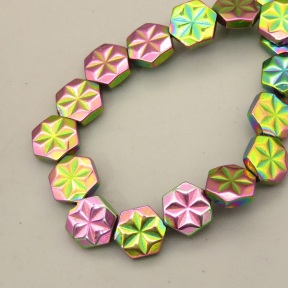 Non-magnetic Synthetic Hematite Beads Strands,Flower Hexagon,Plating,Flower Green,8x8x3mm,Hole:1mm,about 48 pcs/strand,about 28 g/strand,5 strands/package,14.96"(38mm),XBGB08994vhkb-L020