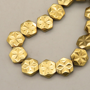 Non-magnetic Synthetic Hematite Beads Strands,Flower Hexagon,Plating,Light Gold,8x8x3mm,Hole:1mm,about 48 pcs/strand,about 28 g/strand,5 strands/package,14.96"(38mm),XBGB08996vhkb-L020