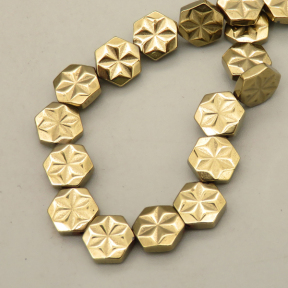 Non-magnetic Synthetic Hematite Beads Strands,Flower Hexagon,Plating,Champagne,8x8x3mm,Hole:1mm,about 48 pcs/strand,about 28 g/strand,5 strands/package,14.96"(38mm),XBGB08998vhkb-L020