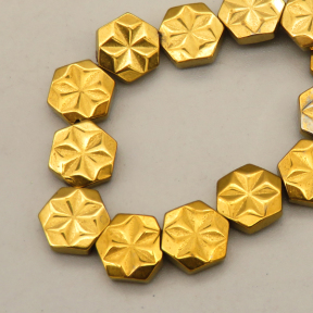 Non-magnetic Synthetic Hematite Beads Strands,Flower Hexagon,Plating,Golden,8x8x3mm,Hole:1mm,about 48 pcs/strand,about 28 g/strand,5 strands/package,14.96"(38mm),XBGB09002vhkb-L020