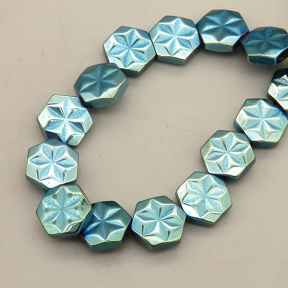 Non-magnetic Synthetic Hematite Beads Strands,Flower Hexagon,Plating,Cyan Blue,8x8x3mm,Hole:1mm,about 48 pcs/strand,about 28 g/strand,5 strands/package,14.96"(38mm),XBGB09004vhkb-L020