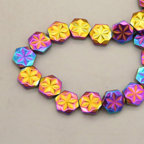 Non-magnetic Synthetic Hematite Beads Strands,Flower Hexagon,Plating,Iridescent,8x8x3mm,Hole:1mm,about 48 pcs/strand,about 28 g/strand,5 strands/package,14.96"(38mm),XBGB09006vhkb-L020