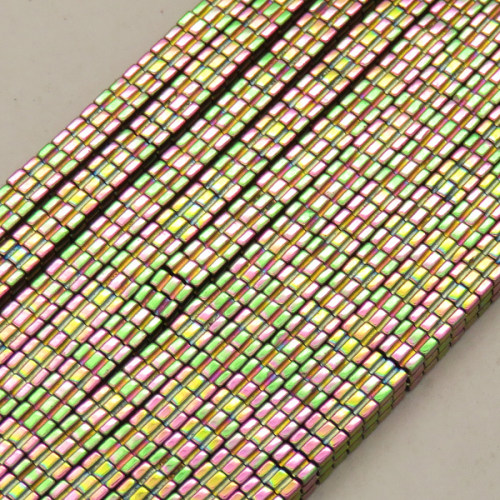 Non-magnetic Synthetic Hematite Beads Strands,Striped Square,Plating,Flower Green,4x4x2mm,Hole:1mm,about 190 pcs/strand,about 24 g/strand,5 strands/package,14.96"(38mm),XBGB09008vbnb-L020