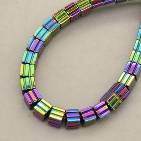 Non-magnetic Synthetic Hematite Beads Strands,Striped Square,Plating,Iridescent,3x3mm,Hole:1mm,about 127 pcs/strand,about 13 g/strand,5 strands/package,14.96"(38mm),XBGB09032vbnb-L020
