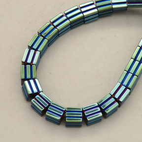 Non-magnetic Synthetic Hematite Beads Strands,Striped Square,Plating,Cyan Blue,4x4mm,Hole:1mm,about 95 pcs/strand,about 24 g/strand,5 strands/package,14.96"(38mm),XBGB09048vbnb-L020