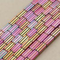 Non-magnetic Synthetic Hematite Beads Strands,Striped Rectangle,Plating,Fuchsia Champagne,4x6mm,Hole:1mm,about 67 pcs/strand,about 25 g/strand,5 strands/package,14.96"(38mm),XBGB09058vbnb-L020
