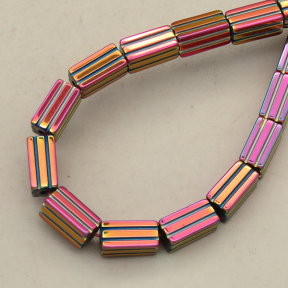 Non-magnetic Synthetic Hematite Beads Strands,Striped Rectangle,Plating,Fuchsia Champagne,4x6mm,Hole:1mm,about 67 pcs/strand,about 25 g/strand,5 strands/package,14.96"(38mm),XBGB09058vbnb-L020