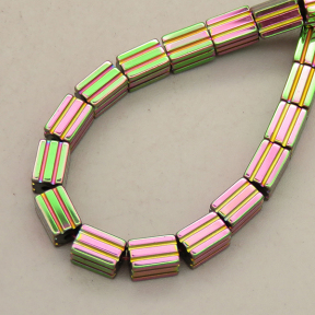 Non-magnetic Synthetic Hematite Beads Strands,Striped Rectangle,Plating,Flower Green,4x6mm,Hole:1mm,about 67 pcs/strand,about 25 g/strand,5 strands/package,14.96"(38mm),XBGB09062vbnb-L020