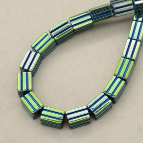Non-magnetic Synthetic Hematite Beads Strands,Striped Rectangle,Plating,Cyan Green,4x6mm,Hole:1mm,about 67 pcs/strand,about 25 g/strand,5 strands/package,14.96"(38mm),XBGB09066vbnb-L020