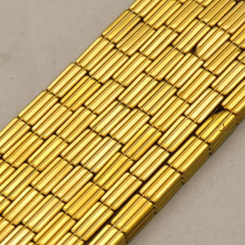 Non-magnetic Synthetic Hematite Beads Strands,Striped Rectangle,Plating,Golden,4x8mm,Hole:1mm,about 48 pcs/strand,about 23 g/strand,5 strands/package,14.96"(38mm),XBGB09072vbnb-L020