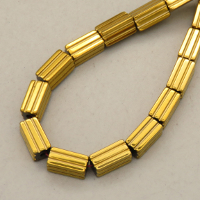 Non-magnetic Synthetic Hematite Beads Strands,Striped Rectangle,Plating,Golden,4x8mm,Hole:1mm,about 48 pcs/strand,about 23 g/strand,5 strands/package,14.96"(38mm),XBGB09072vbnb-L020