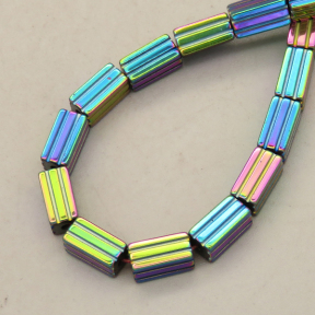 Non-magnetic Synthetic Hematite Beads Strands,Striped Rectangle,Plating,Iridescent,4x8mm,Hole:1mm,about 48 pcs/strand,about 23 g/strand,5 strands/package,14.96"(38mm),XBGB09074vbnb-L020