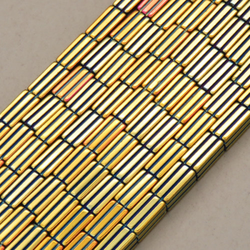 Non-magnetic Synthetic Hematite Beads Strands,Striped Rectangle,Plating,K Gold Blue,4x8mm,Hole:1mm,about 48 pcs/strand,about 23 g/strand,5 strands/package,14.96"(38mm),XBGB09076vbnb-L020