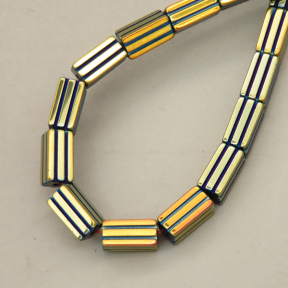 Non-magnetic Synthetic Hematite Beads Strands,Striped Rectangle,Plating,K Gold Blue,4x8mm,Hole:1mm,about 48 pcs/strand,about 23 g/strand,5 strands/package,14.96"(38mm),XBGB09076vbnb-L020