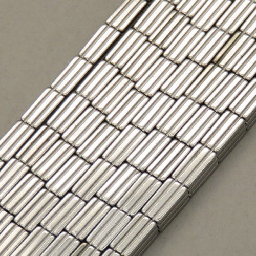 Non-magnetic Synthetic Hematite Beads Strands,Striped Rectangle,Plating,Silver White,4x8mm,Hole:1mm,about 48 pcs/strand,about 23 g/strand,5 strands/package,14.96"(38mm),XBGB09080vbnb-L020