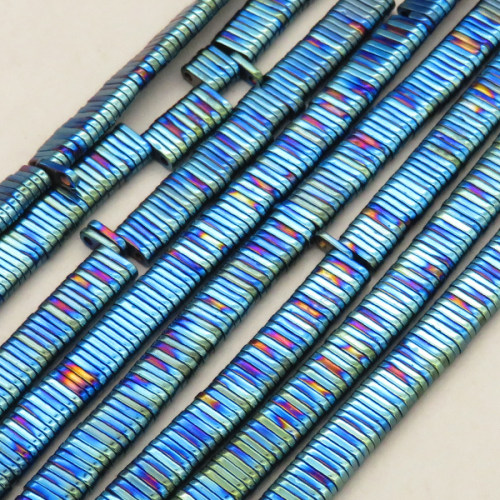 Non-magnetic Synthetic Hematite Beads Strands,Double Hole Oval,Plating,Cyan Blue,3x6.5x1mm,Hole:1.2mm,about 380 pcs/strand,about 28 g/strand,5 strands/package,14.96"(38mm),XBGB09094bhva-L020