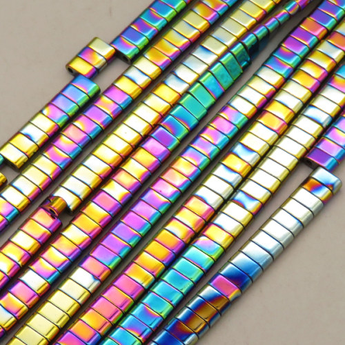 Non-magnetic Synthetic Hematite Beads Strands,Double Hole Oval,Plating,Iridescent,6x3x3mm,Hole:1.2mm,about 127 pcs/strand,about 26 g/strand,5 strands/package,14.96"(38mm),XBGB09100bhva-L020