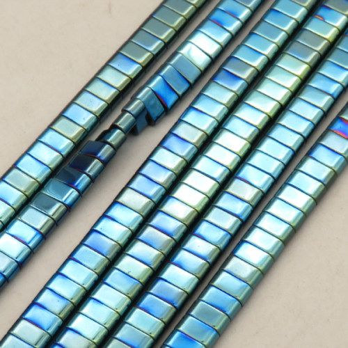 Non-magnetic Synthetic Hematite Beads Strands,Double Hole Oval,Plating,Cyan Blue,6x3x3mm,Hole:1.2mm,about 127 pcs/strand,about 26 g/strand,5 strands/package,14.96"(38mm),XBGB09110bhva-L020