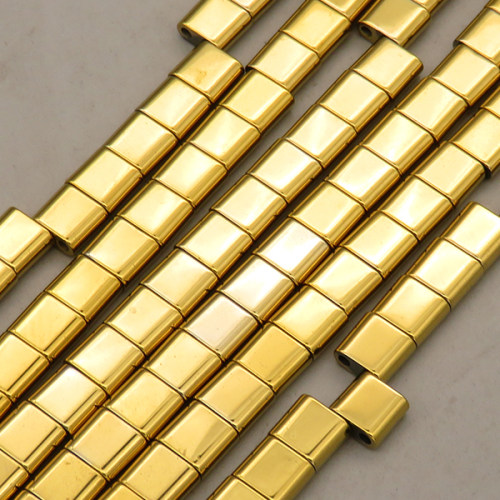 Non-magnetic Synthetic Hematite Beads Strands,Arc Edge Double Hole Square,Plating,Golden,6.5x6x3mm,Hole:1mm,about 67 pcs/strand,about 26 g/strand,5 strands/package,14.96"(38mm),XBGB09112vbpb-L020