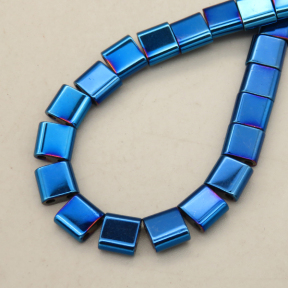 Non-magnetic Synthetic Hematite Beads Strands,Arc Edge Double Hole Square,Plating,Royal Blue,6.5x6x3mm,Hole:1mm,about 67 pcs/strand,about 26 g/strand,5 strands/package,14.96"(38mm),XBGB09116vbpb-L020