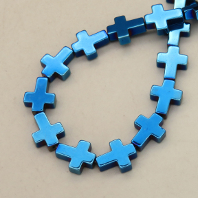 Non-magnetic Synthetic Hematite Beads Strands,Flat Cross,Plating,Royal Blue,8x10x3mm,Hole:1mm,about 38 pcs/strand,about 24 g/strand,5 strands/package,14.96"(38cm),XBGB09144bbov-L020
