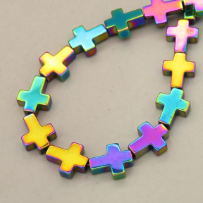 Non-magnetic Synthetic Hematite Beads Strands,Flat Cross,Plating,Rainbow,8x10x3mm,Hole:1mm,about 38 pcs/strand,about 24 g/strand,5 strands/package,14.96"(38cm),XBGB09154bbov-L020