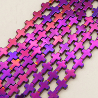 Non-magnetic Synthetic Hematite Beads Strands,Flat Cross,Plating,Purple,8x10x3mm,Hole:1mm,about 38 pcs/strand,about 24 g/strand,5 strands/package,14.96"(38cm),XBGB09156bbov-L020