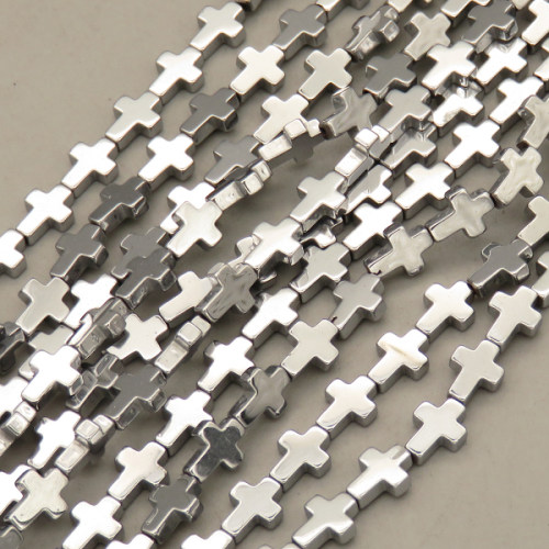 Non-magnetic Synthetic Hematite Beads Strands,Flat Cross,Plating,Silver White,6x8x2mm,Hole:1mm,about 48 pcs/strand,about 12 g/strand,5 strands/package,14.96"(38cm),XBGB09158bbov-L020