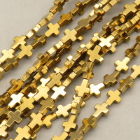 Non-magnetic Synthetic Hematite Beads Strands,Flat Cross,Plating,Golden,6x8x2mm,Hole:1mm,about 48 pcs/strand,about 12 g/strand,5 strands/package,14.96"(38cm),XBGB09160bbov-L020