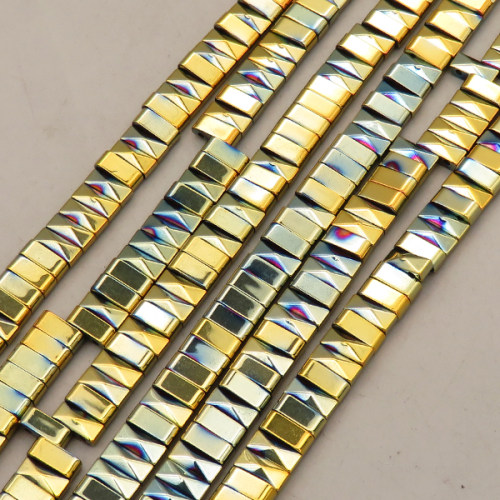 Non-magnetic Synthetic Hematite Beads Strands,Double Hole Rectangular Tower Beads,Plating,K Golden Yellow Blue,8x3x4mm,Hole:1mm,about 127 pcs/strand,about 38 g/strand,5 strands/package,14.96"(38cm),XBGB09188bhva-L020