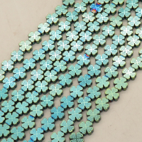 Non-magnetic Synthetic Hematite Beads Strands,Four-Leaf Clover,Plating,Cyan,8x8x3mm,Hole:1mm,about 48 pcs/strand,about 27 g/strand,5 strands/package,14.96"(38cm),XBGB09196vbpb-L020