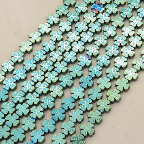 Non-magnetic Synthetic Hematite Beads Strands,Four-Leaf Clover,Plating,Cyan,8x8x3mm,Hole:1mm,about 48 pcs/strand,about 27 g/strand,5 strands/package,14.96"(38cm),XBGB09196vbpb-L020