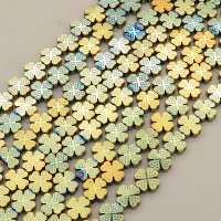 Non-magnetic Synthetic Hematite Beads Strands,Four-Leaf Clover,Plating,K Golden Blue,8x8x3mm,Hole:1mm,about 48 pcs/strand,about 27 g/strand,5 strands/package,14.96"(38cm),XBGB09204vbpb-L020