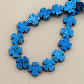 Non-magnetic Synthetic Hematite Beads Strands,Four-Leaf Clover,Plating,Royal Blue,8x8x3mm,Hole:1mm,about 48 pcs/strand,about 27 g/strand,5 strands/package,14.96"(38cm),XBGB09206vbpb-L020