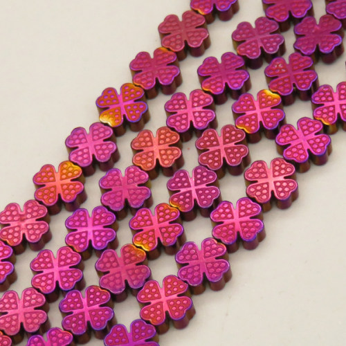 Non-magnetic Synthetic Hematite Beads Strands,Four-Leaf Clover,Plating,Purple,8x8x3mm,Hole:1mm,about 48 pcs/strand,about 27 g/strand,5 strands/package,14.96"(38cm),XBGB09208vbpb-L020