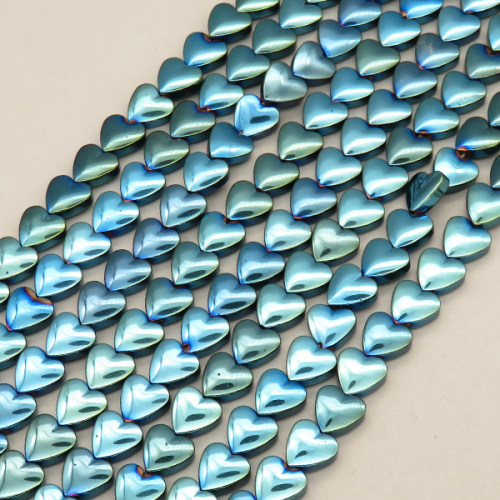 Non-magnetic Synthetic Hematite Beads Strands,Curved Peach Heart,Plating,Cyan Blue,8x8x3mm,Hole:1mm,about 48 pcs/strand,about 29 g/strand,5 strands/package,14.96"(38cm),XBGB09262vbnb-L020